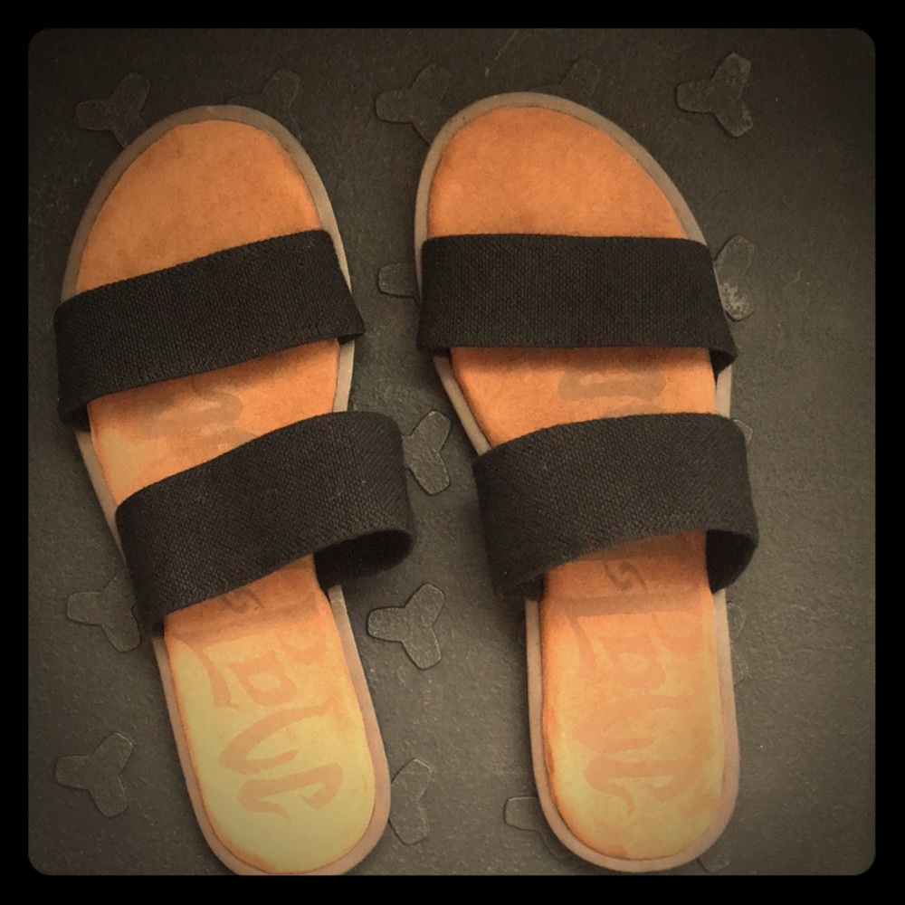 Black slip on double strap sandals